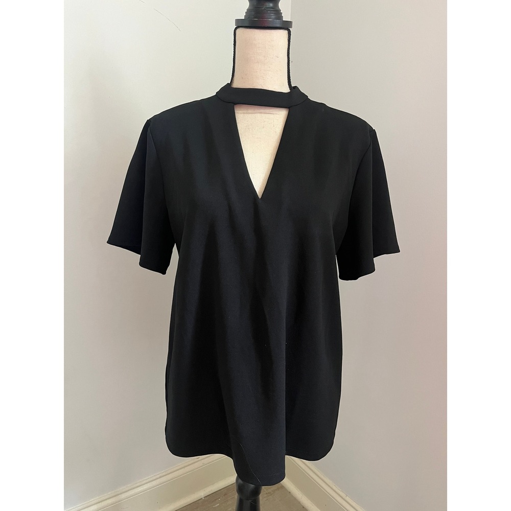Ann Taylor Black Keyhole Blouse sz Large Short Sleeve Top Office Business Casual